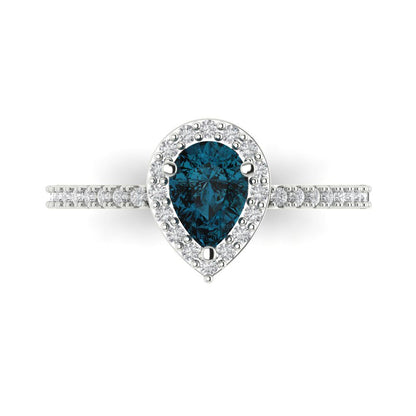 0.755 cttw Natural London Blue Topaz Solitaire with Zirconia Simulated Diamond Accents Engagement Ring - Solid Gold (Pear Cut,7x5mm )