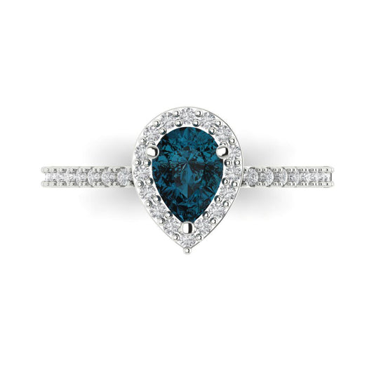 0.755 cttw Natural London Blue Topaz Solitaire with Zirconia Simulated Diamond Accents Engagement Ring - Solid White Gold (VVS1, Pear Cut,7x5mm )