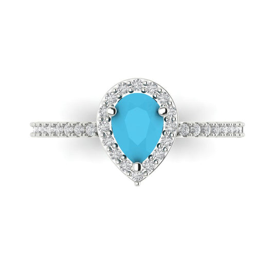 0.755 cttw Simulated Turquoise Solitaire with Zirconia Simulated Diamond Accents Engagement Ring - Solid White Gold (VVS1, Pear Cut,7x5mm )
