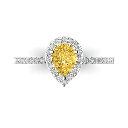 0.755 cttw Zirconia Simulated Yellow Diamond Solitaire with Zirconia Simulated Diamond Accents Engagement Ring - Solid White Gold (VVS1, Pear Cut,7x5mm )