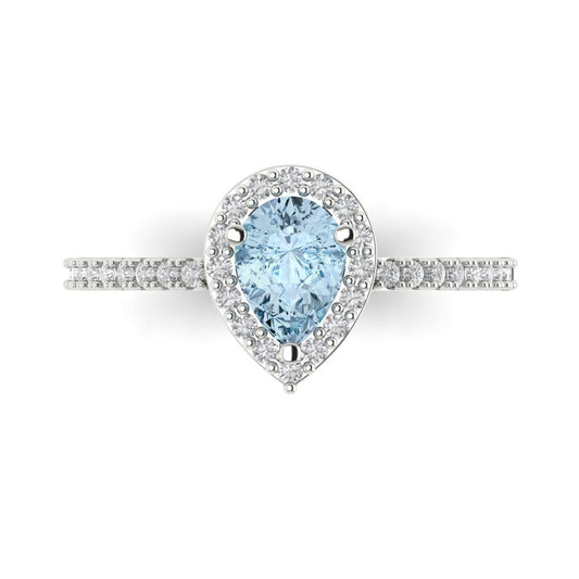 0.755 cttw Natural Swiss Blue Topaz Solitaire with Zirconia Simulated Diamond Accents Engagement Ring - Solid White Gold (VVS1, Pear Cut,7x5mm )