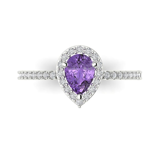 0.755 cttw Simulated Alexandrite Solitaire with Zirconia Simulated Diamond Accents Engagement Ring - Solid White Gold (VVS1, Pear Cut,7x5mm )