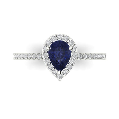 0.755 cttw Simulated Blue Sapphire Solitaire with Zirconia Simulated Diamond Accents Engagement Ring - Solid Gold (Pear Cut,7x5mm )