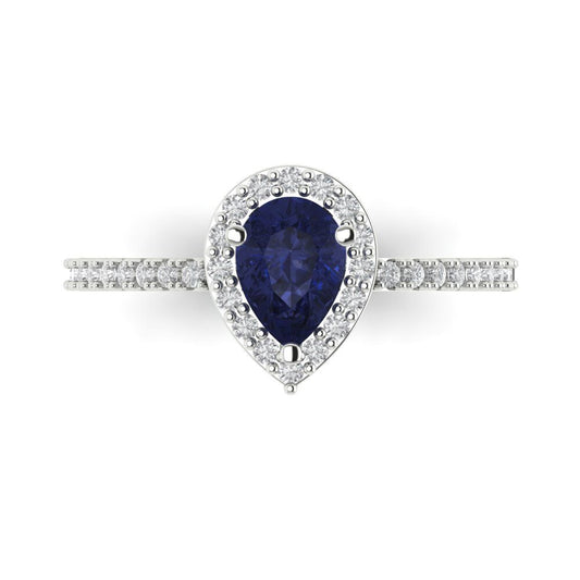 0.755 cttw Simulated Blue Sapphire Solitaire with Zirconia Simulated Diamond Accents Engagement Ring - Solid White Gold (VVS1, Pear Cut,7x5mm )