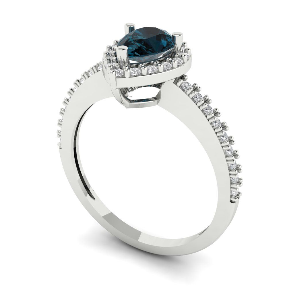 0.755 cttw Natural London Blue Topaz Solitaire with Zirconia Simulated Diamond Accents Engagement Ring - Solid Gold (Pear Cut,7x5mm )