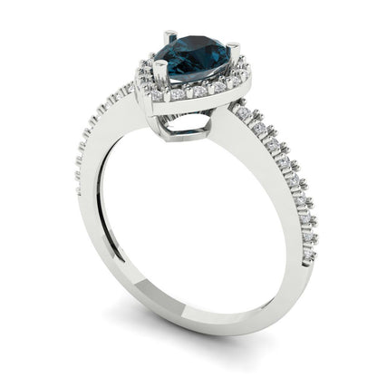 0.755 cttw Natural London Blue Topaz Solitaire with Zirconia Simulated Diamond Accents Engagement Ring - Solid Gold (Pear Cut,7x5mm )
