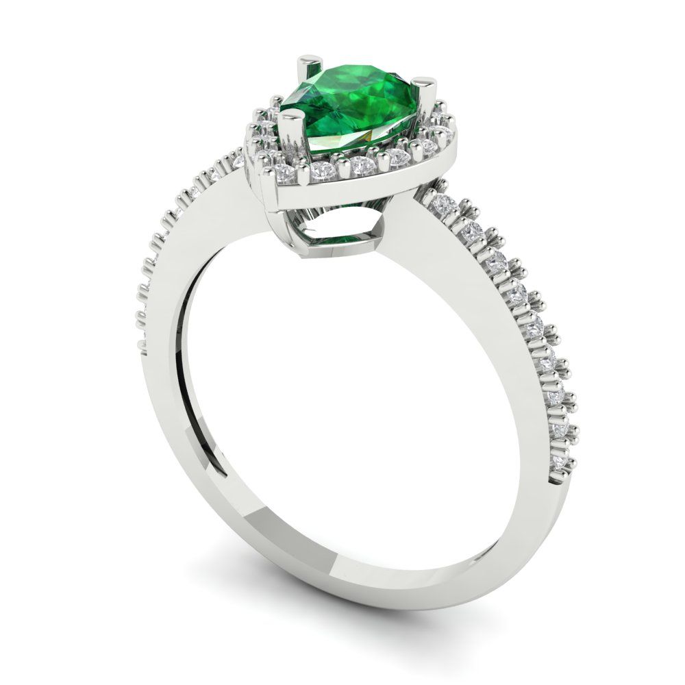 0.755 cttw Simulated Emerald Solitaire with Zirconia Simulated Diamond Accents Engagement Ring - Solid Gold (Pear Cut,7x5mm )