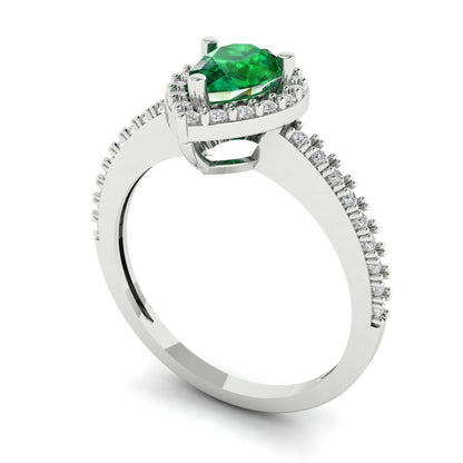 0.755 cttw Simulated Emerald Solitaire with Zirconia Simulated Diamond Accents Engagement Ring - Solid Gold (Pear Cut,7x5mm )