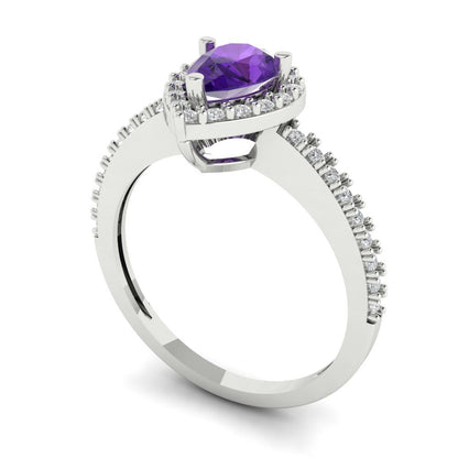 0.755 cttw Natural Amethyst Solitaire with Zirconia Simulated Diamond Accents Engagement Ring - Solid Gold (Pear Cut,7x5mm )