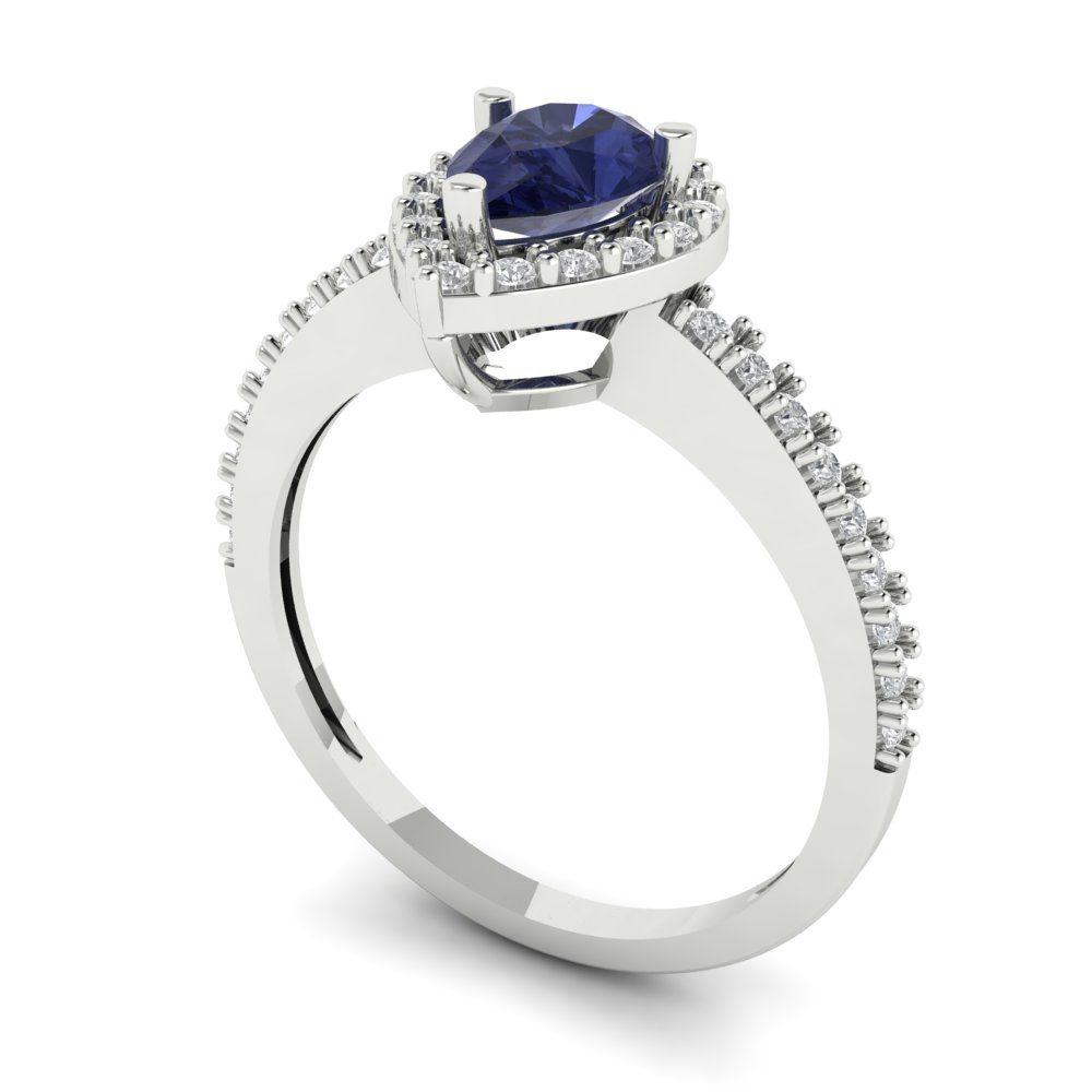 0.755 cttw Simulated Blue Sapphire Solitaire with Zirconia Simulated Diamond Accents Engagement Ring - Solid Gold (Pear Cut,7x5mm )