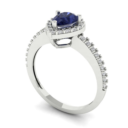 0.755 cttw Simulated Blue Sapphire Solitaire with Zirconia Simulated Diamond Accents Engagement Ring - Solid Gold (Pear Cut,7x5mm )