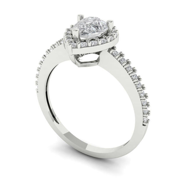 0.8 ct Brilliant Pear Cut Clear Simulated Diamond Stone White Gold Halo Solitaire with Accents Ring