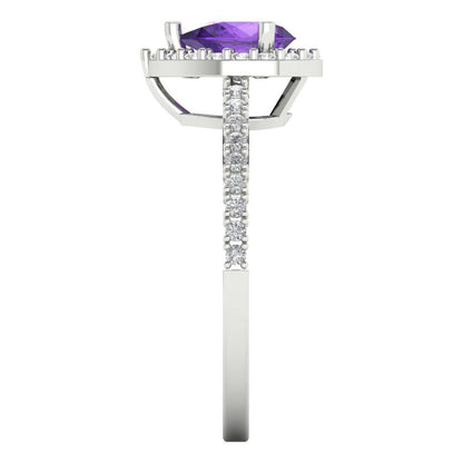 0.755 cttw Natural Amethyst Solitaire with Zirconia Simulated Diamond Accents Engagement Ring - Solid Gold (Pear Cut,7x5mm )