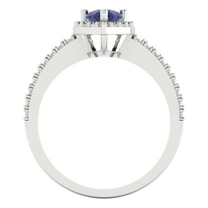 0.755 cttw Simulated Blue Sapphire Solitaire with Zirconia Simulated Diamond Accents Engagement Ring - Solid Gold (Pear Cut,7x5mm )