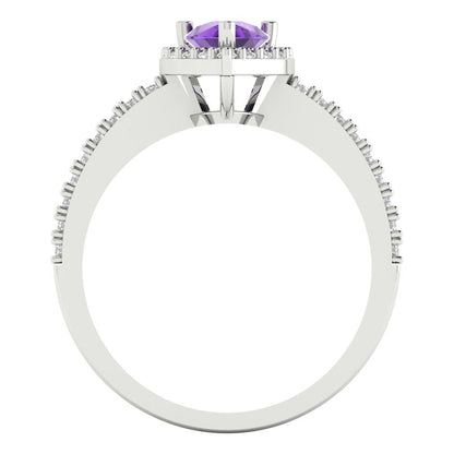 0.755 cttw Natural Amethyst Solitaire with Zirconia Simulated Diamond Accents Engagement Ring - Solid Gold (Pear Cut,7x5mm )