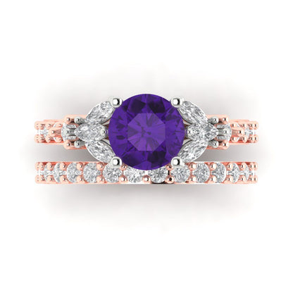 2.94 cttw Round Cut Natural Amethyst Bridal Set - Solid Rose/White Gold Engagement Ring & Wedding Band