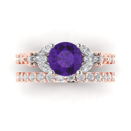 2.94 cttw Round Cut Natural Amethyst Bridal Set - Solid Rose/White Gold Engagement Ring & Wedding Band