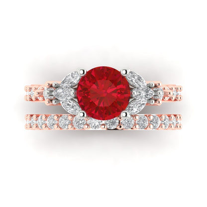2.94 cttw Round Cut Simulated Pink Tourmaline Bridal Set - Solid Rose/White Gold Engagement Ring & Wedding Band