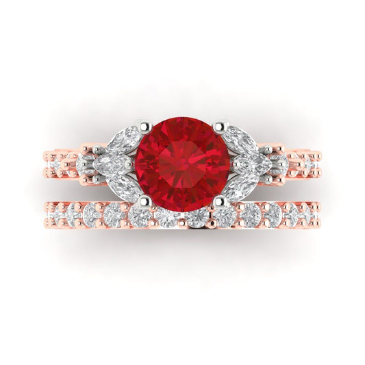 2.94 cttw Round Cut Simulated Pink Tourmaline Bridal Set - Solid Rose/White Gold Engagement Ring & Wedding Band