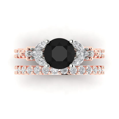 2.94 cttw Round Cut Natural Onyx Bridal Set - Solid Rose/White Gold Engagement Ring & Wedding Band