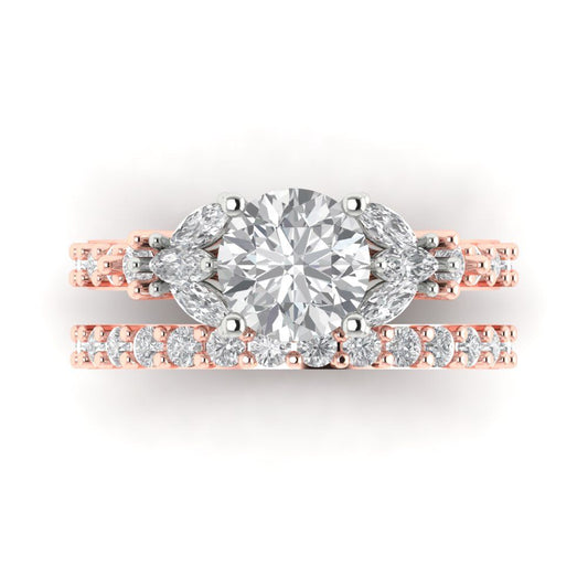 2.94 cttw Round Cut Moissanite Bridal Set - Solid Rose/White Gold Engagement Ring & Wedding Band