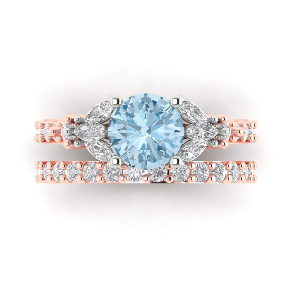 2.94 cttw Round Cut Natural Aquamarine Bridal Set - Solid Rose/White Gold Engagement Ring & Wedding Band