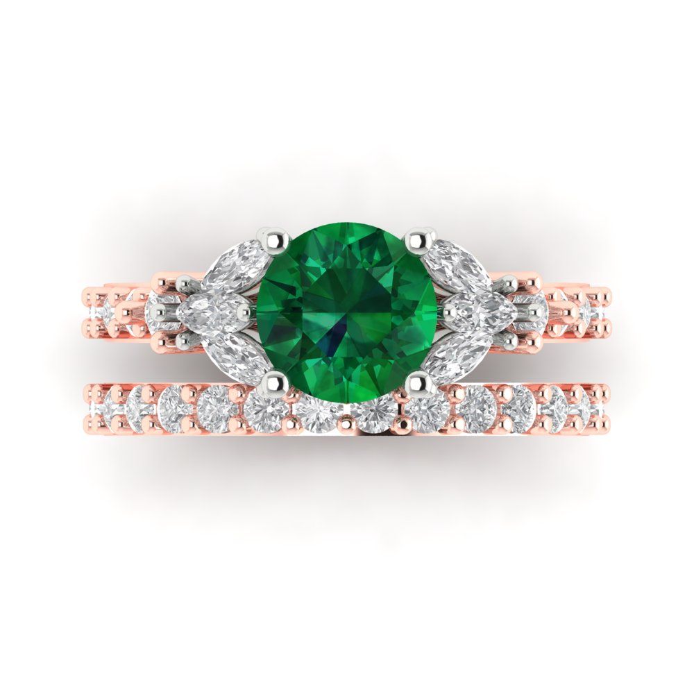 2.94 cttw Round Cut Simulated Emerald Bridal Set - Solid Rose/White Gold Engagement Ring & Wedding Band
