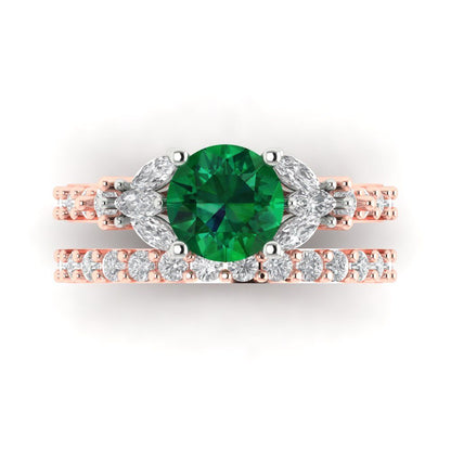 2.94 cttw Round Cut Simulated Emerald Bridal Set - Solid Rose/White Gold Engagement Ring & Wedding Band