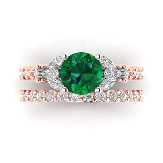 2.94 cttw Round Cut Simulated Emerald Bridal Set - Solid Rose/White Gold Engagement Ring & Wedding Band