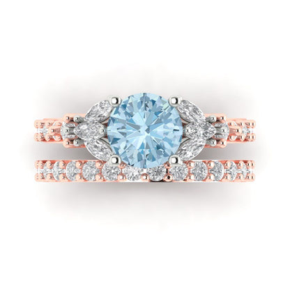 2.94 cttw Round Cut Natural Sky Blue Topaz Bridal Set - Solid Rose/White Gold Engagement Ring & Wedding Band