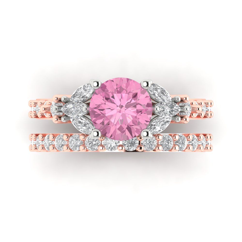 2.94 cttw Round Cut Simulated Pink Diamond Bridal Set - Solid Rose/White Gold Engagement Ring & Wedding Band