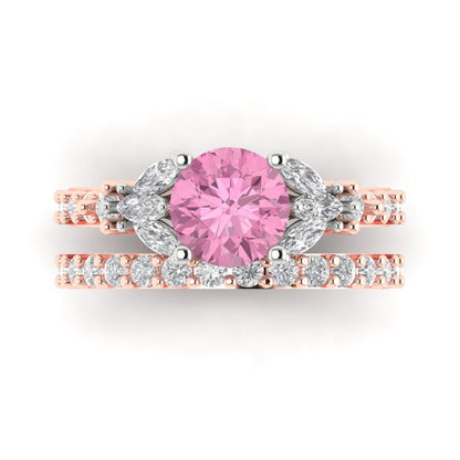 2.94 cttw Round Cut Simulated Pink Diamond Bridal Set - Solid Rose/White Gold Engagement Ring & Wedding Band