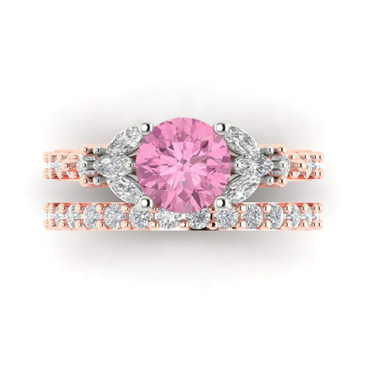 2.94 cttw Round Cut Simulated Pink Diamond Bridal Set - Solid Rose/White Gold Engagement Ring & Wedding Band