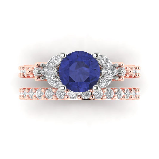 2.94 cttw Round Cut Simulated Tanzanite Bridal Set - Solid Rose/White Gold Engagement Ring & Wedding Band