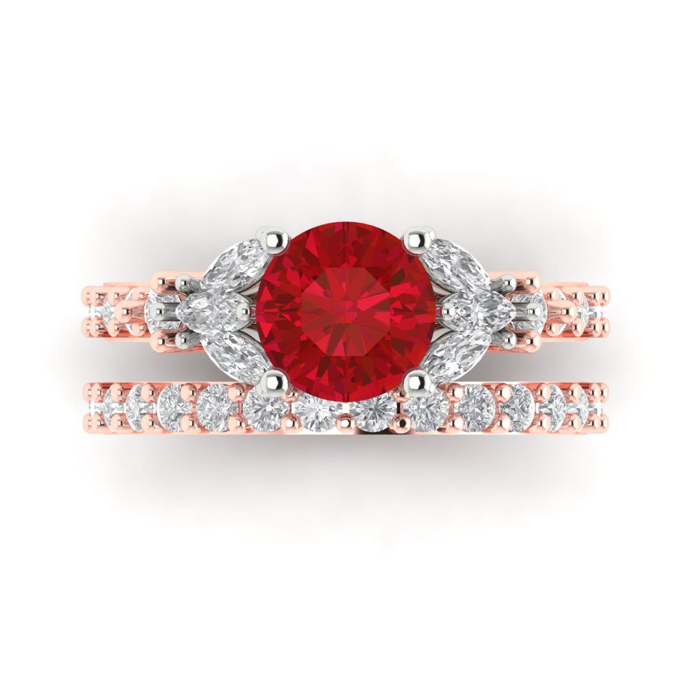 2.94 cttw Round Cut Simulated Ruby Bridal Set - Solid Rose/White Gold Engagement Ring & Wedding Band
