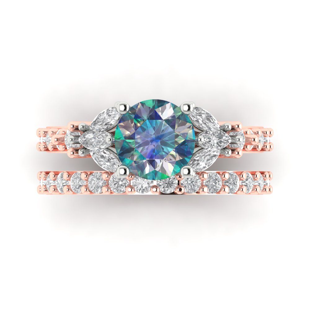 2.94 cttw Round Cut Blue Moissanite Bridal Set - Solid Rose/White Gold Engagement Ring & Wedding Band