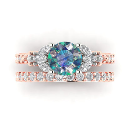 2.94 cttw Round Cut Blue Moissanite Bridal Set - Solid Rose/White Gold Engagement Ring & Wedding Band