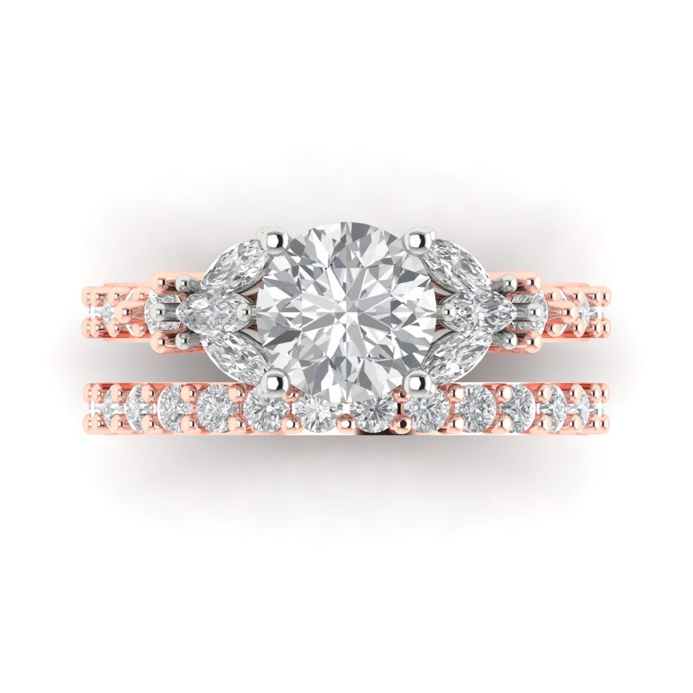 2.94 cttw Round Cut White Sapphire Bridal Set - Solid Rose/White Gold Engagement Ring & Wedding Band