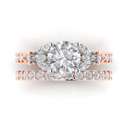 2.94 cttw Round Cut White Sapphire Bridal Set - Solid Rose/White Gold Engagement Ring & Wedding Band