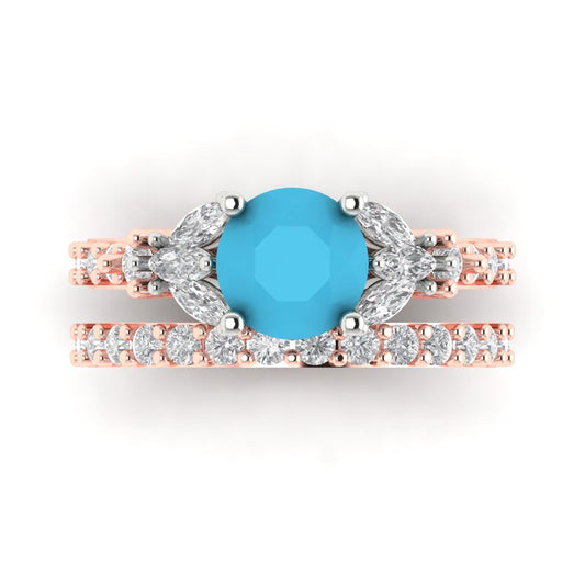 2.94 cttw Round Cut Simulated Turquoise Bridal Set - Solid Rose/White Gold Engagement Ring & Wedding Band