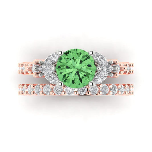 2.94 cttw Round Cut Simulated Green Diamond Bridal Set - Solid Rose/White Gold Engagement Ring & Wedding Band