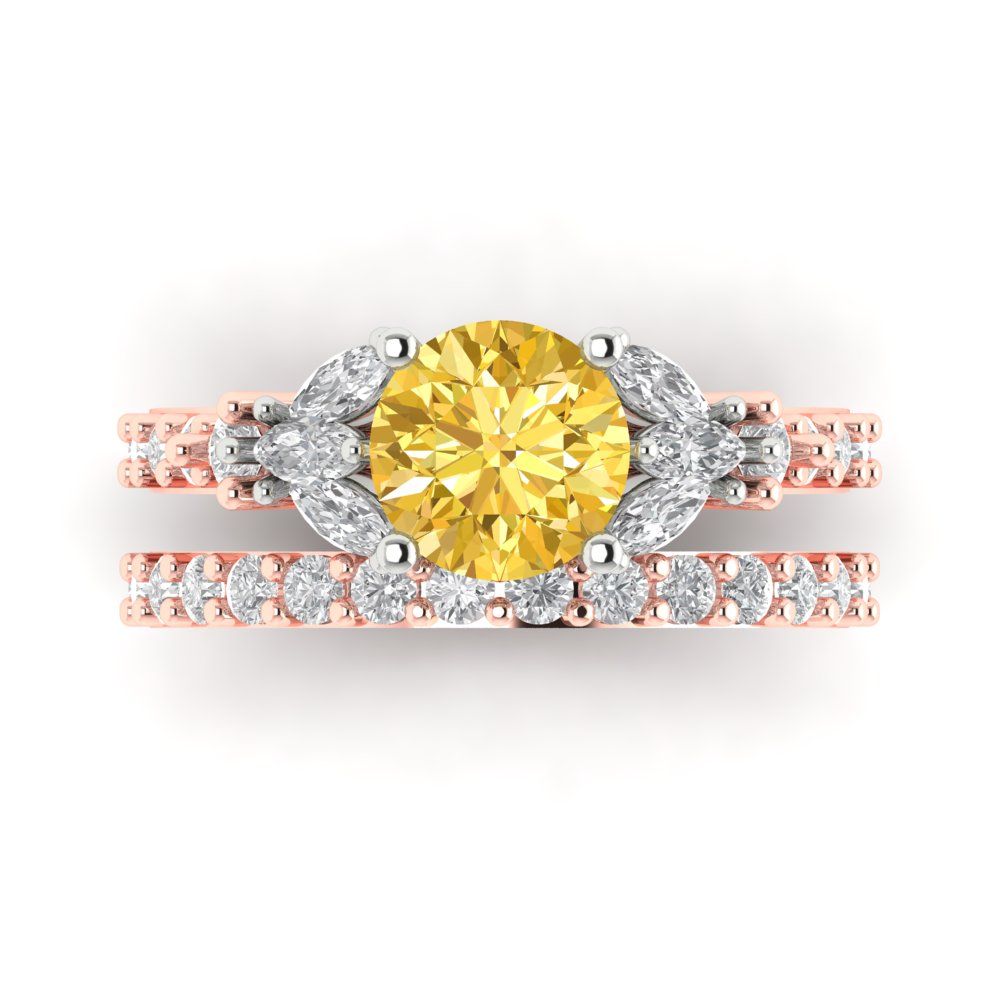 2.94 cttw Round Cut Natural Citrine Bridal Set - Solid Rose/White Gold Engagement Ring & Wedding Band