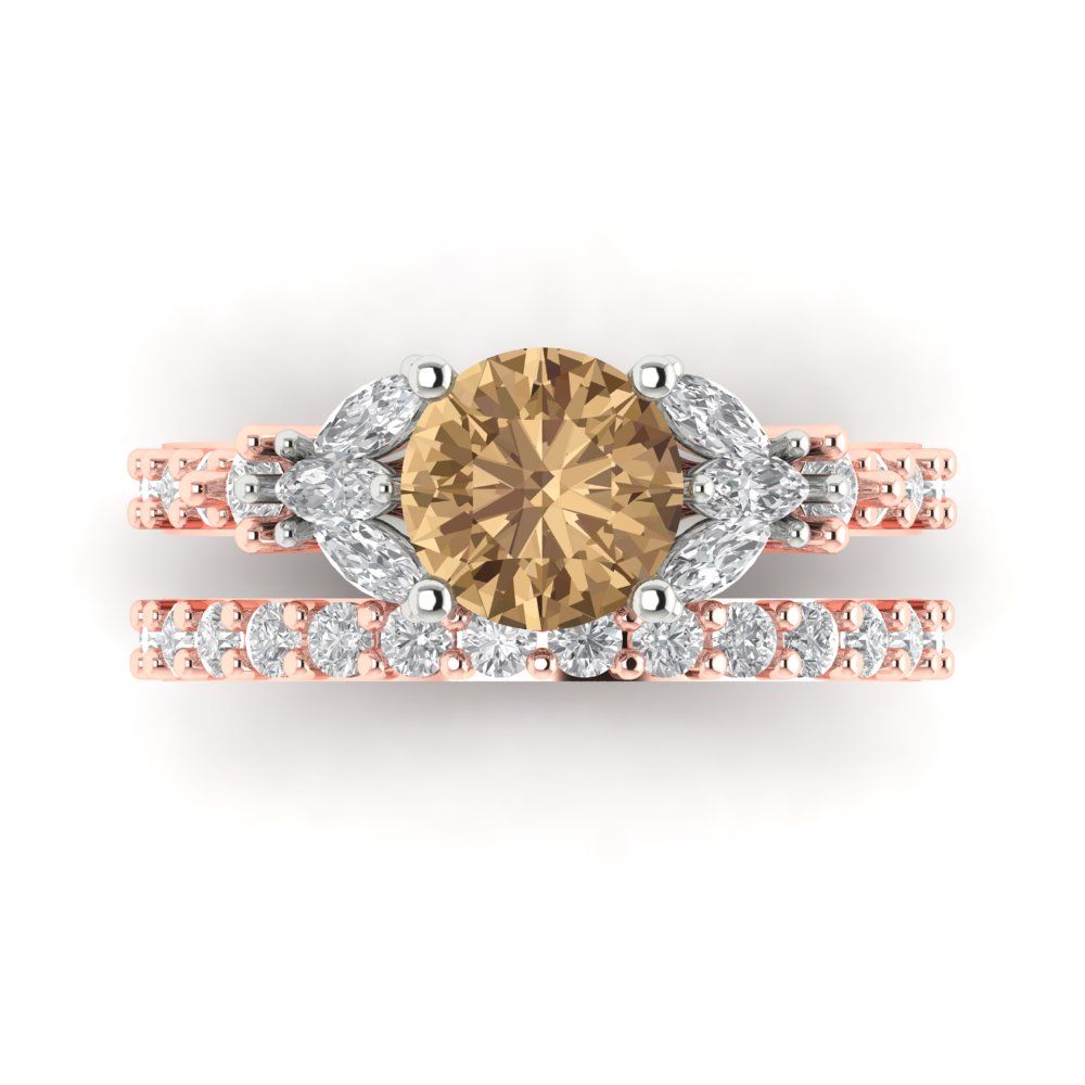 2.94 cttw Round Cut Simulated Champagne Diamond Bridal Set - Solid Rose/White Gold Engagement Ring & Wedding Band