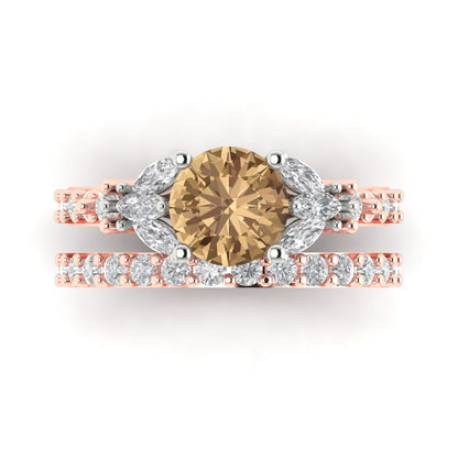 2.94 cttw Round Cut Simulated Champagne Diamond Bridal Set - Solid Rose/White Gold Engagement Ring & Wedding Band