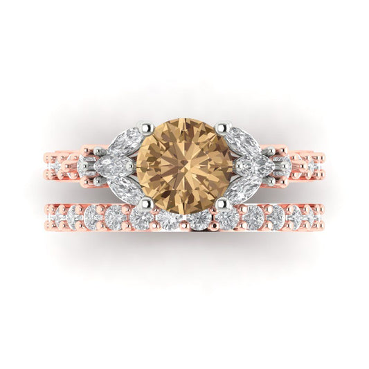 2.94 cttw Round Cut Simulated Champagne Diamond Bridal Set - Solid Rose/White Gold Engagement Ring & Wedding Band