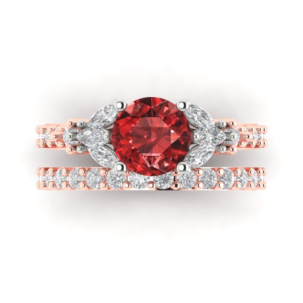 2.94 cttw Round Cut Natural Garnet Bridal Set - Solid Rose/White Gold Engagement Ring & Wedding Band