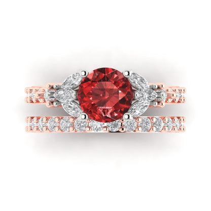 2.94 cttw Round Cut Natural Garnet Bridal Set - Solid Rose/White Gold Engagement Ring & Wedding Band