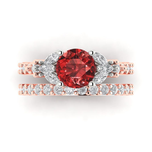 2.94 cttw Round Cut Natural Garnet Bridal Set - Solid Rose/White Gold Engagement Ring & Wedding Band