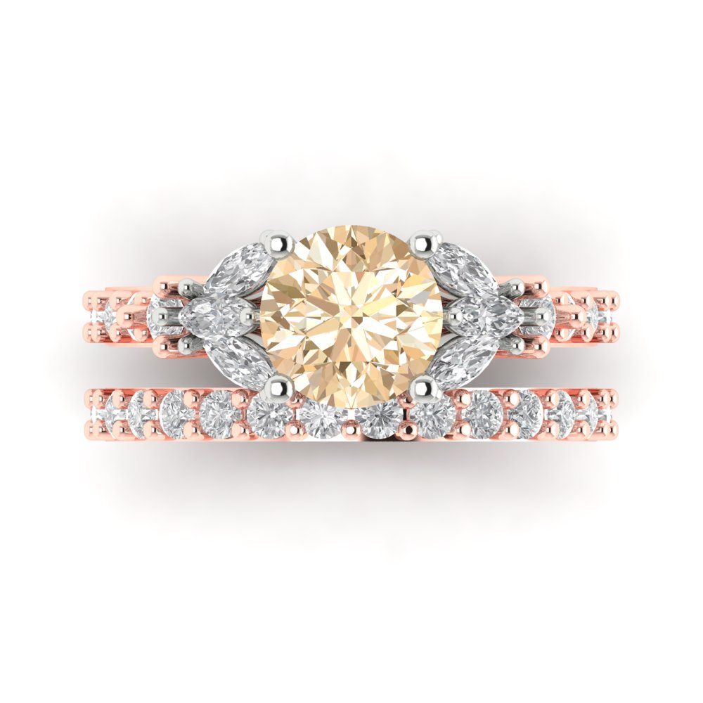 2.94 cttw Round Cut Natural Morganite Bridal Set - Solid Rose/White Gold Engagement Ring & Wedding Band