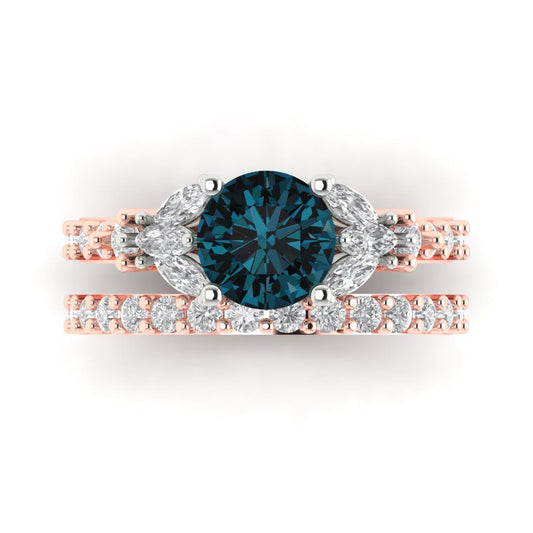 2.94 cttw Round Cut Natural London Blue Topaz Bridal Set - Solid Rose/White Gold Engagement Ring & Wedding Band